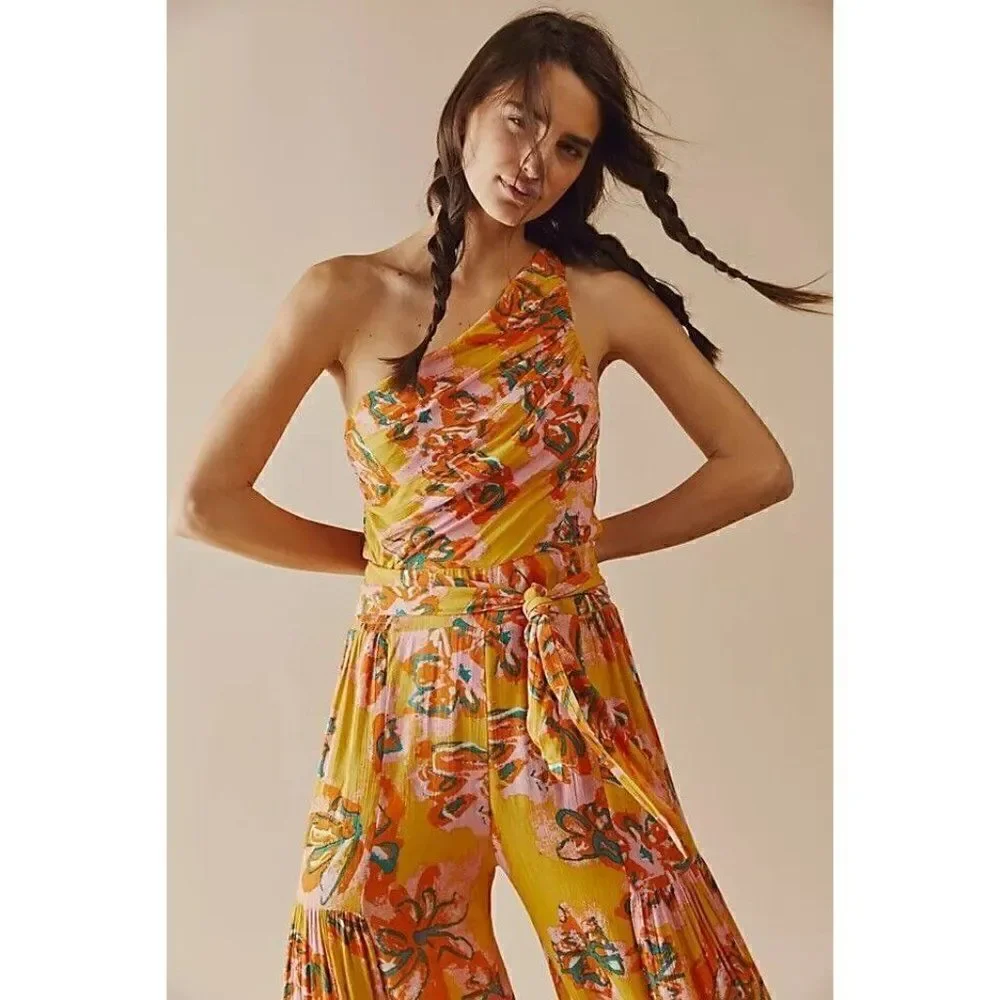 NWT FREE PEOPLE Sz XS THEA JUMPSUIT ONE SHOULDER ONE PIECE FLORAL WIDE LEG